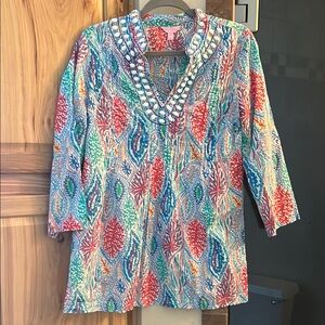 Lilly Pulitzer Pink and White Embellished Tunic with Bib Collar